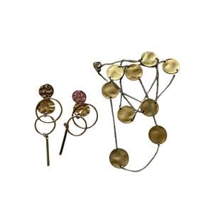 Womens/Teen Coin Style Long Necklace and Dangle Earrings Gold Tone